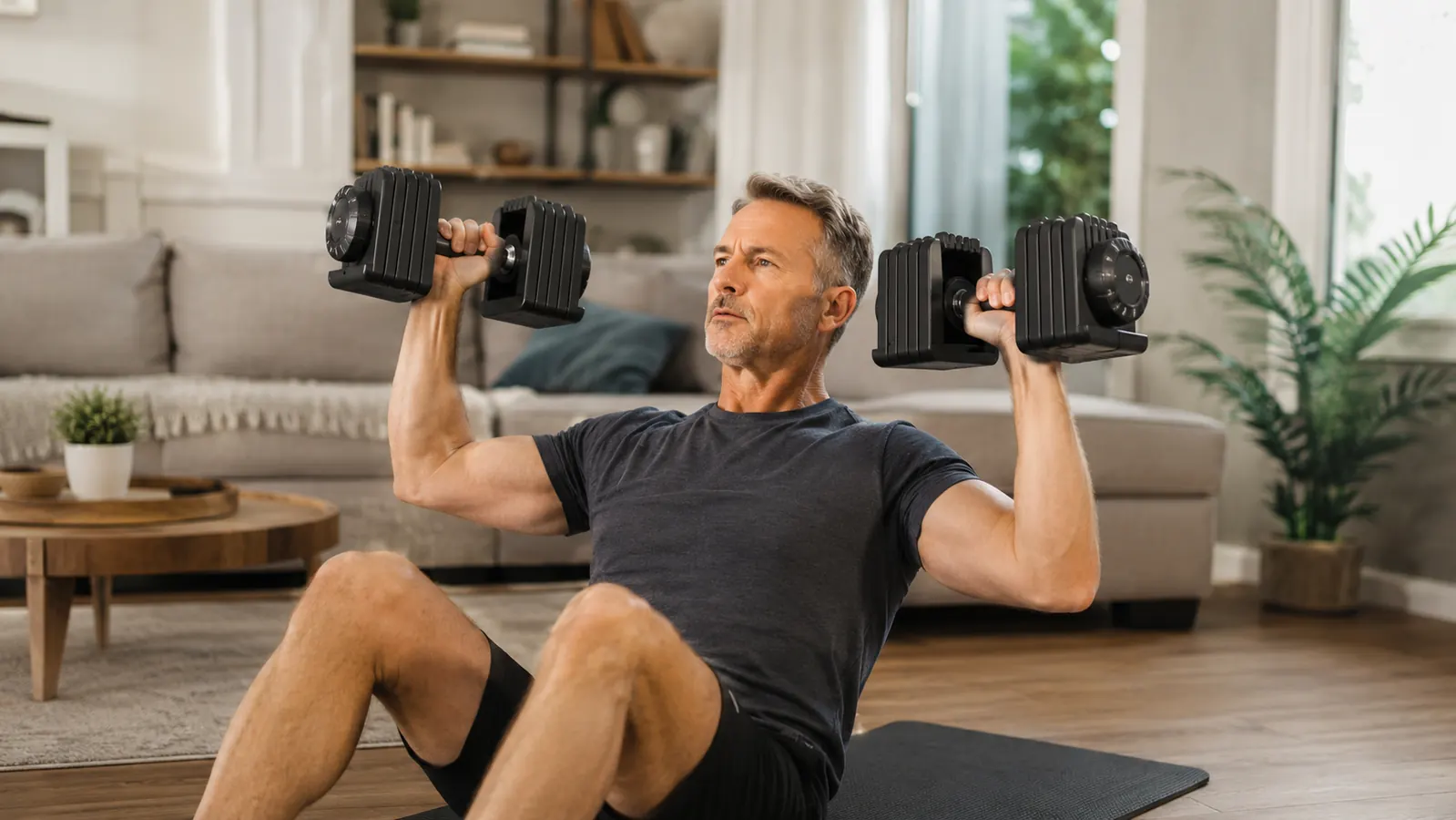 A man sitting on an exercise mat holding a pair of adjustable dumbbells, about to begin a set of overhead presses