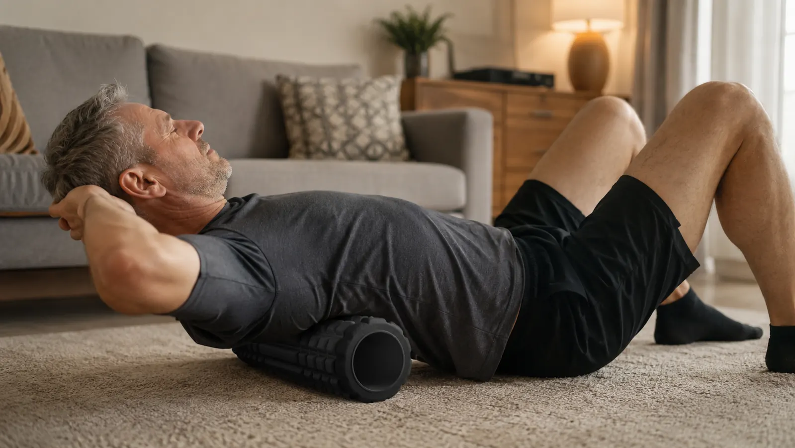 Person lying on their back with a foam roller under the lower back on a carpeted living room floor, knees bent