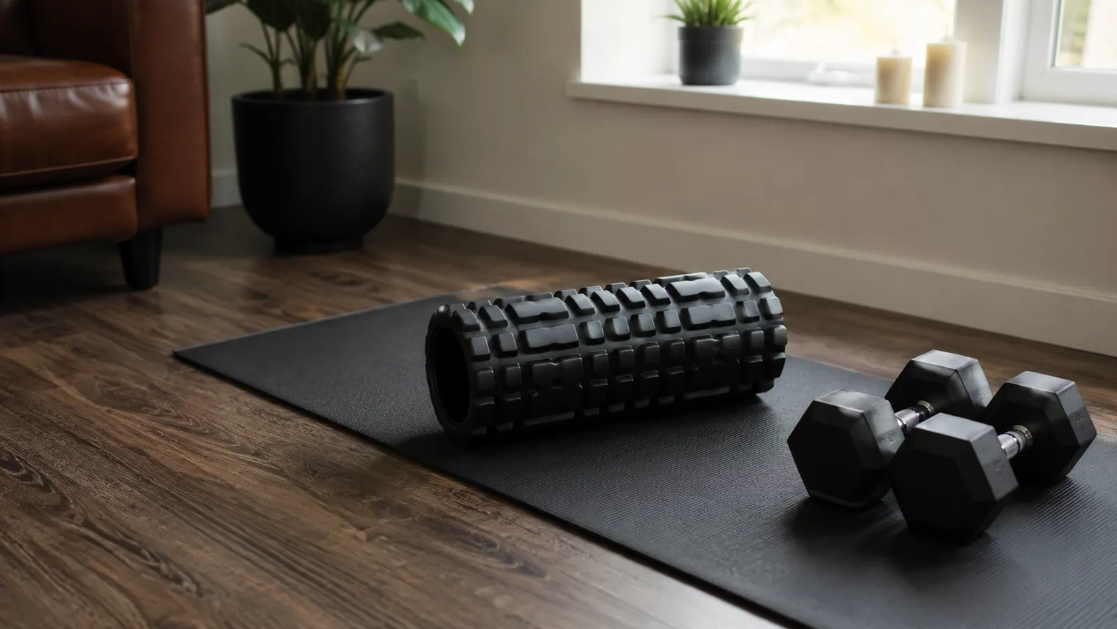Foam roller placed on a yoga mat next to dumbbells in a small home workout corner of a living room