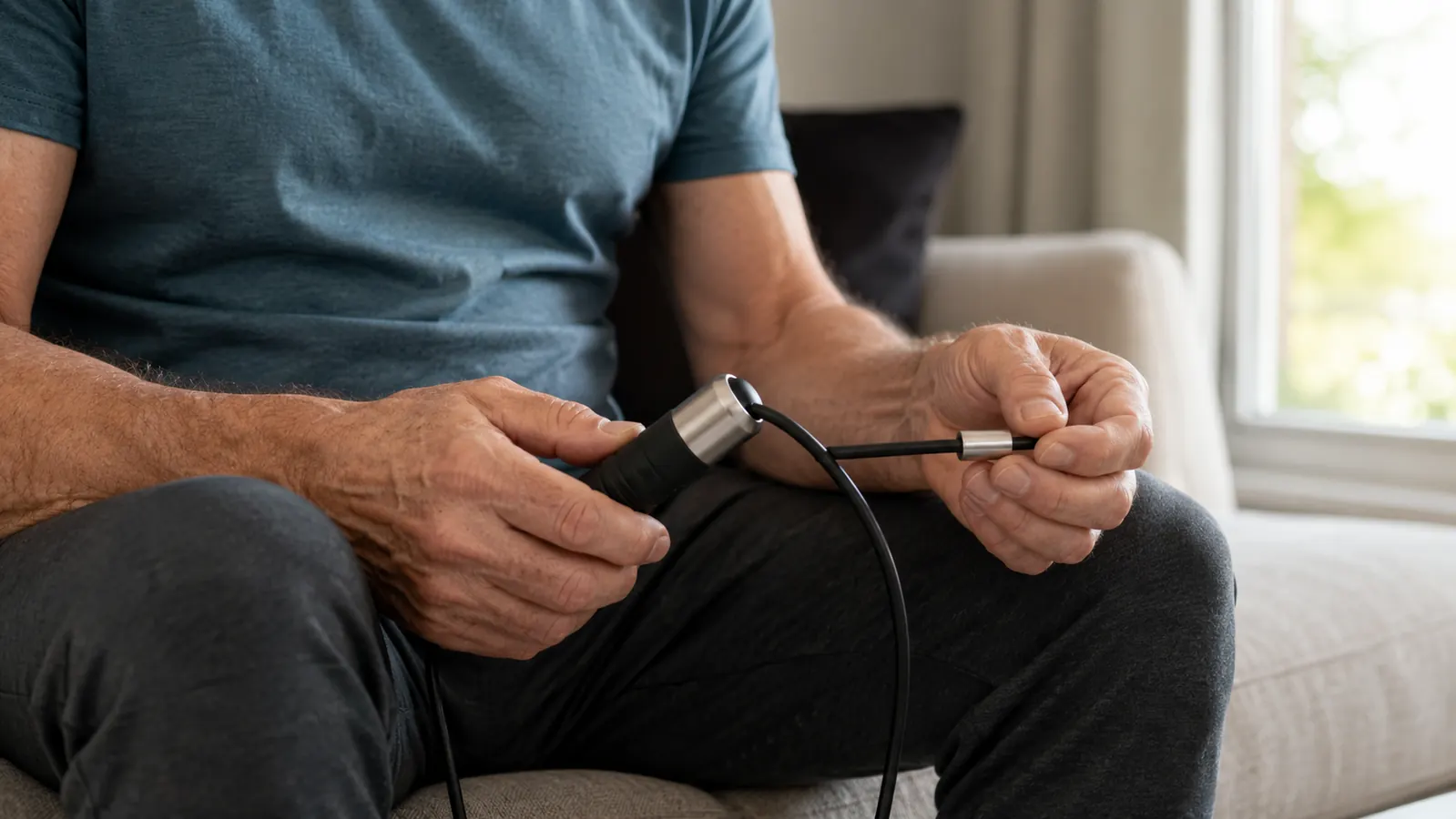 A person sitting on a couch holding a jump rope handle with the cable draped across their lap, adjusting the length