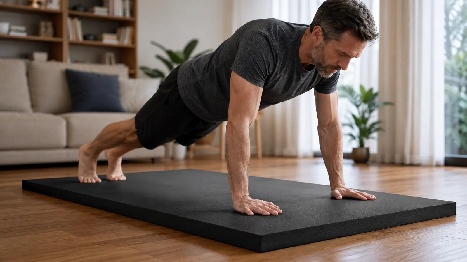 Man holding a plank position on a thick exercise mat on a hardwood floor, hands pressing into the mat surface