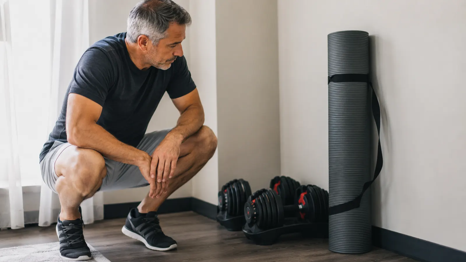 Thick exercise mat rolled up and secured with a carrying strap, stored in a corner next to a pair of dumbbells