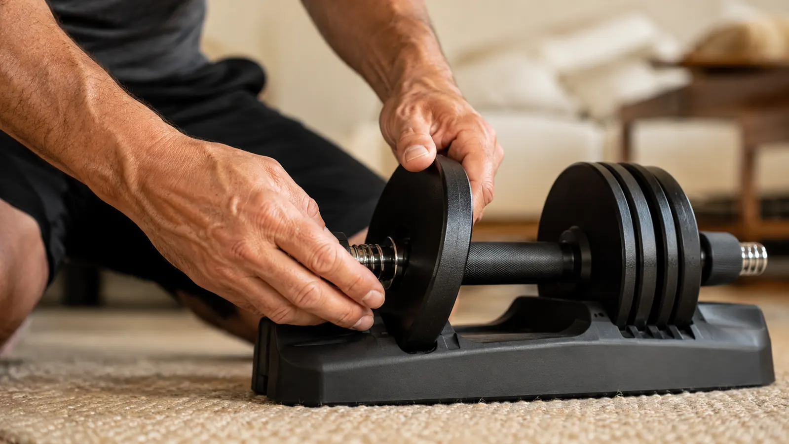 Hands adjusting a weight plate onto a dumbbell handle in a living room setting