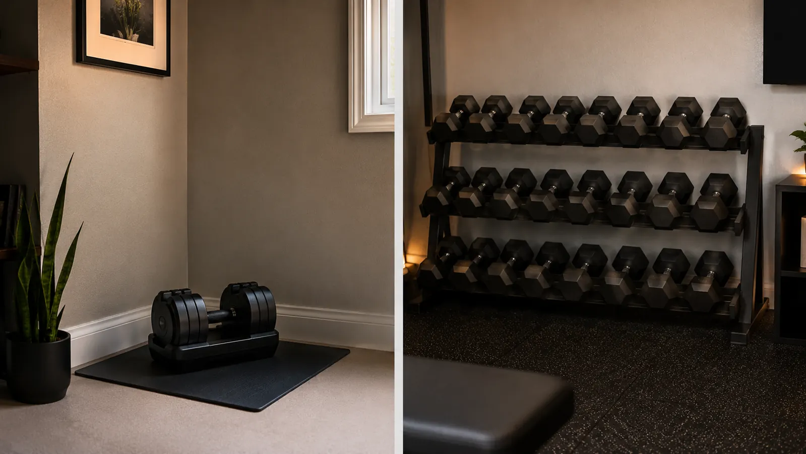 Side by side comparison of a compact dumbbell storage setup in a corner versus a bulky weight rack filling a wall in a small room