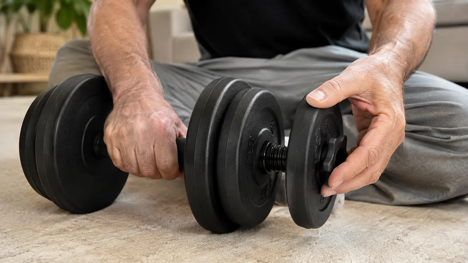Hands adjusting the weight on a dumbbell by threading a plate onto the screw-type handle, seated on a carpeted home floor