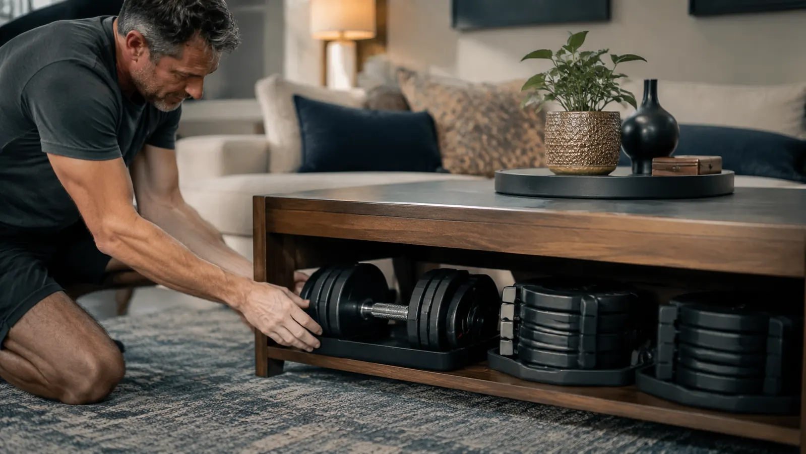 A pair of adjustable dumbbells and their weight plates stored compactly under a coffee table in a living room