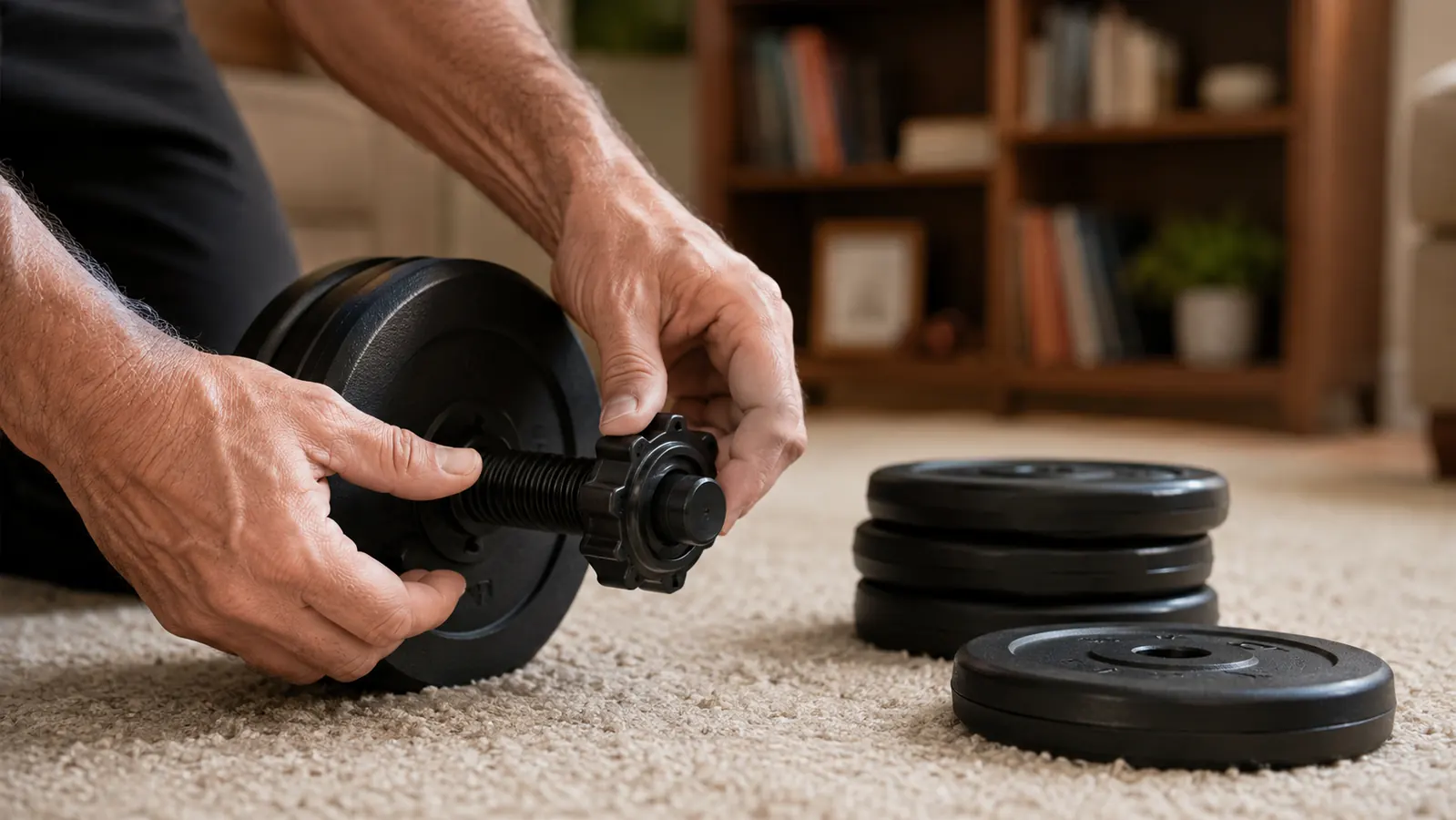 Hands unscrewing a threaded collar on a dumbbell to change weight plates on a carpeted floor