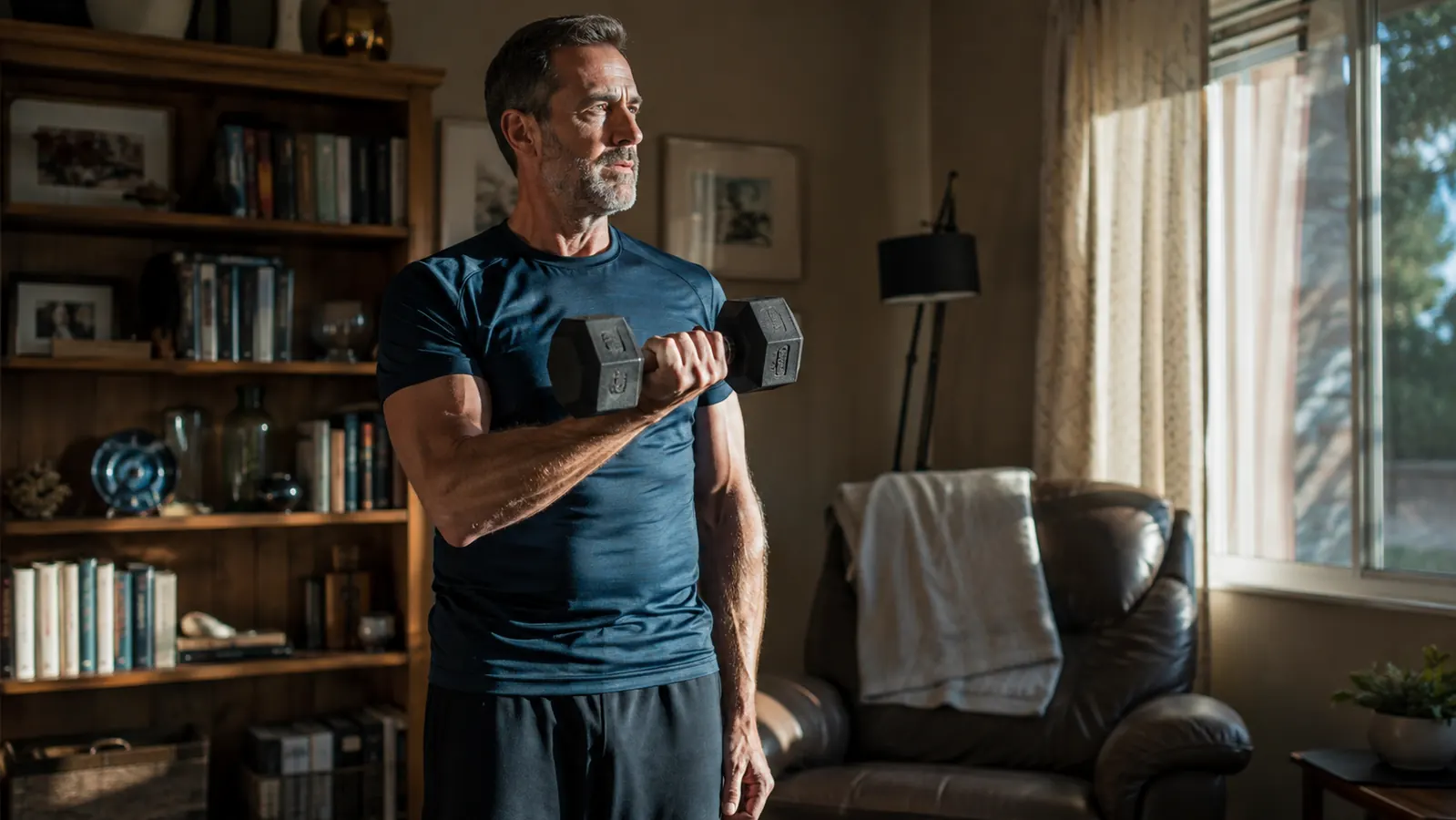A man doing a bicep curl with a dumbbell in a sunlit living room, home exercise setting