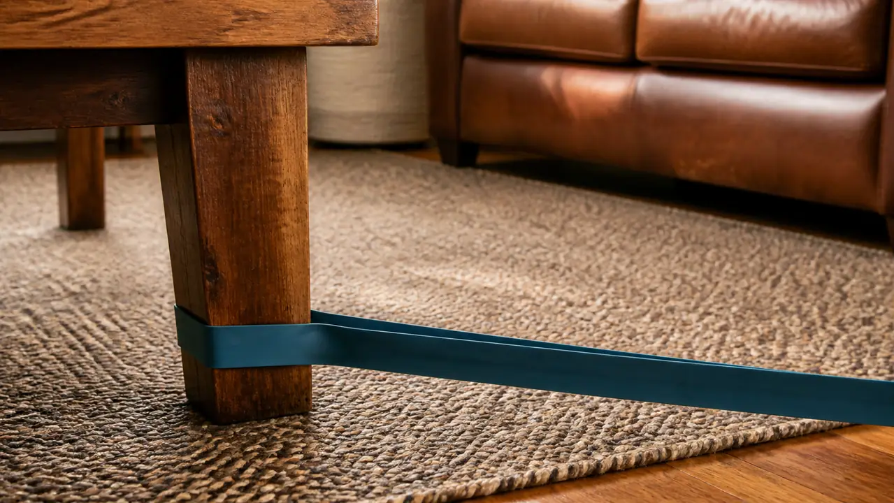 A resistance band wrapped around the legs of a heavy wooden table, anchored for a seated row exercise, home living room with a rug underneath