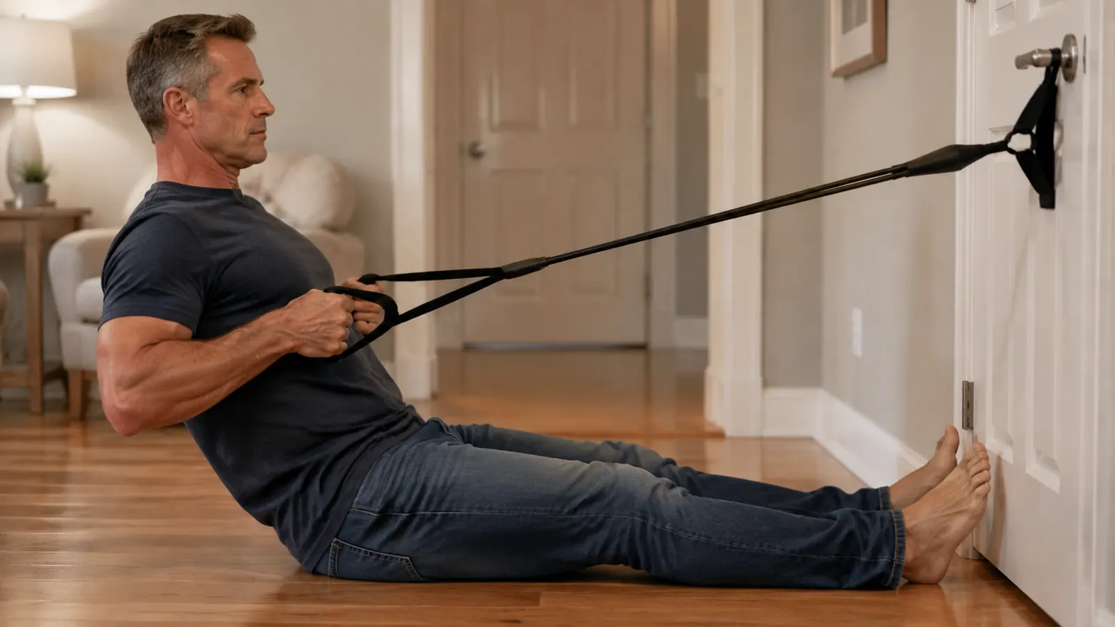 A person anchoring a resistance band around a door handle and pulling back for a seated row exercise, wearing casual home clothes