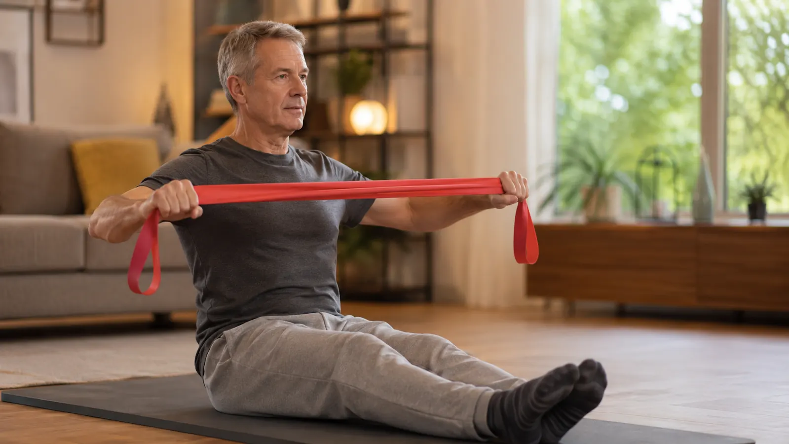 Hands gripping a resistance band while seated on an exercise mat in a living room, band stretched between both hands at chest height