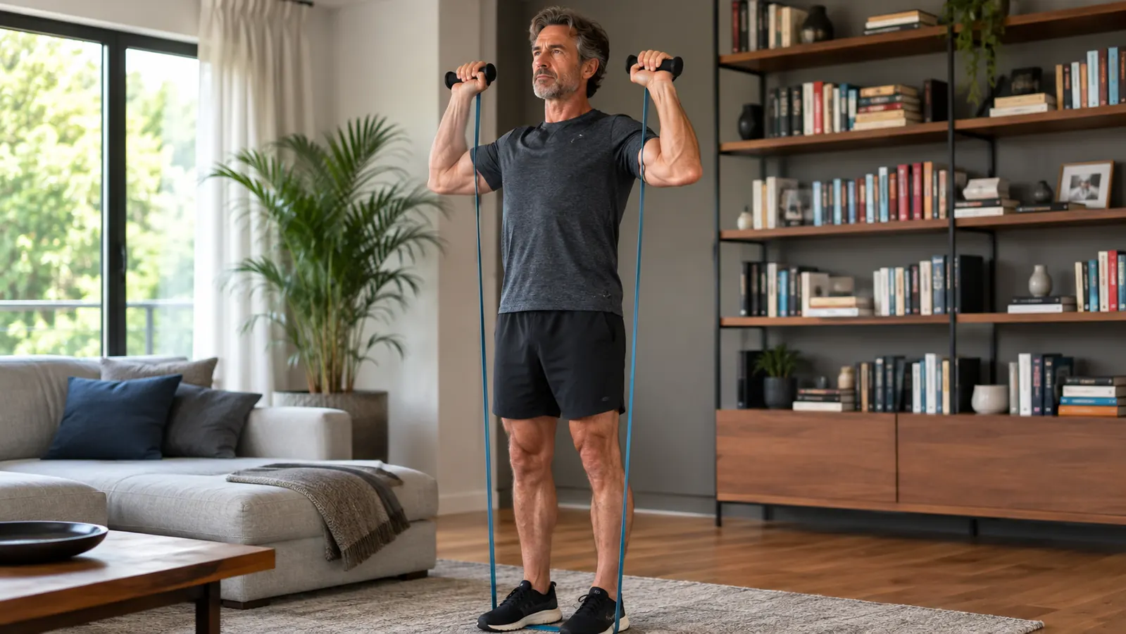 Person standing on a resistance band with both feet, holding the band up at shoulder height for an overhead press exercise in a home living room with a bookshelf