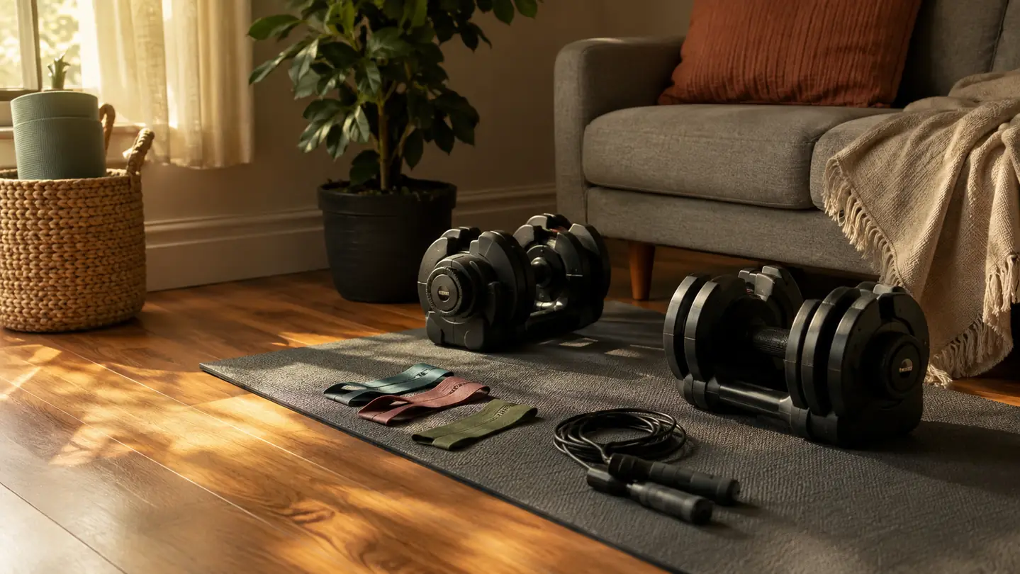 A warm home exercise corner with a thick mat, adjustable dumbbells, and resistance bands in soft morning light