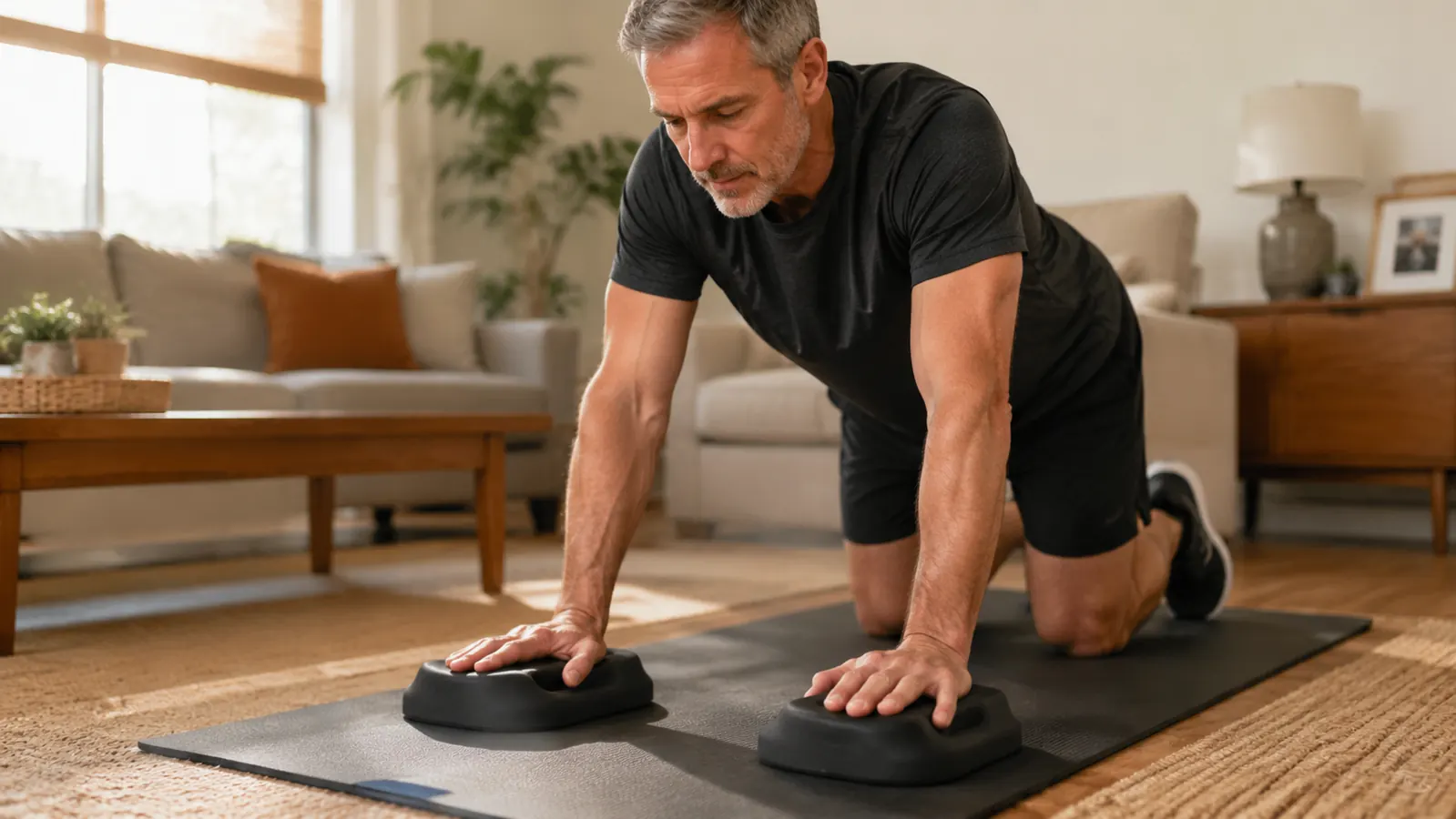 A person performing kneeling floor exercises on an exercise mat in a bright living room, demonstrating proper knee positioning