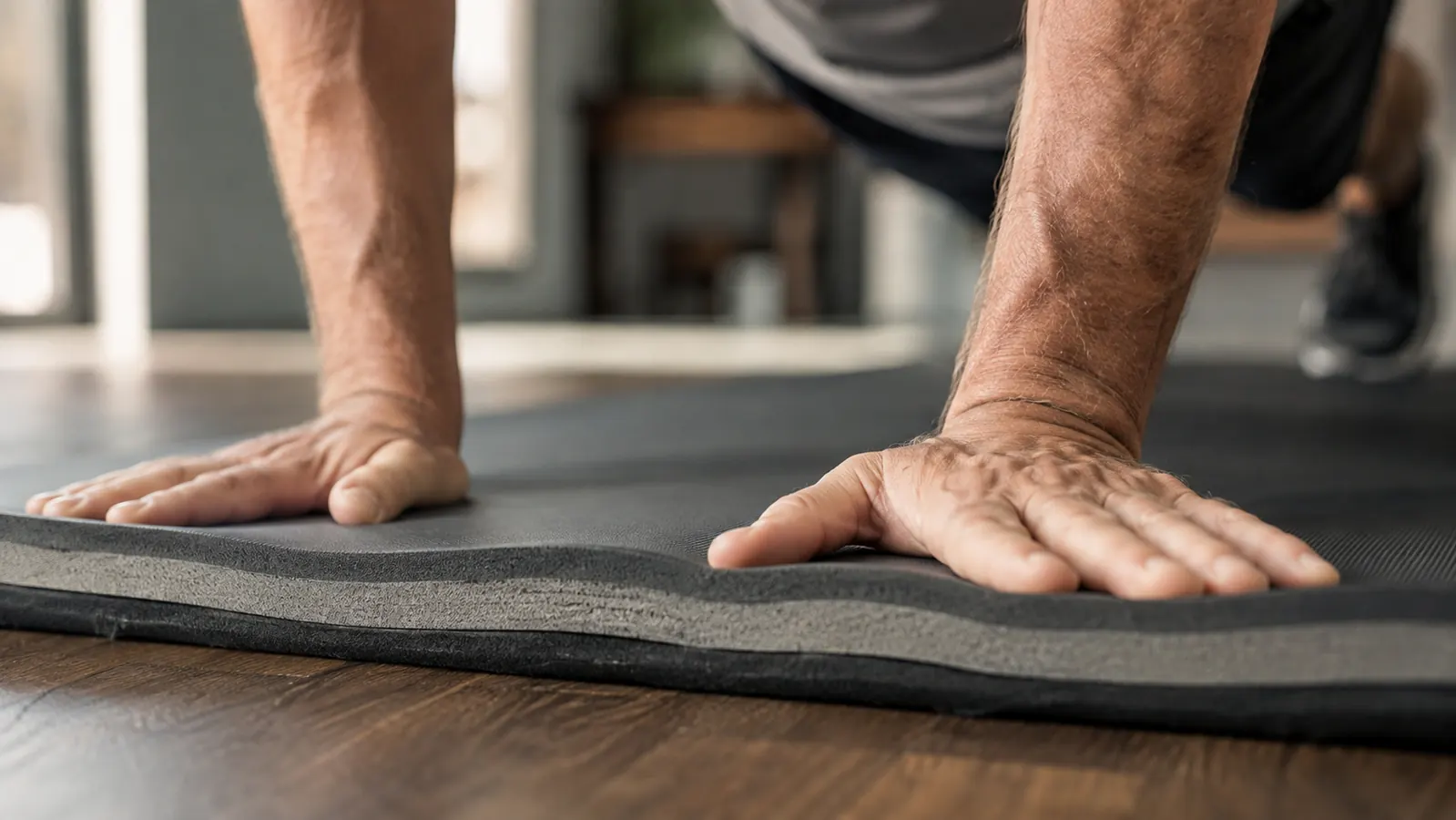 Close-up of hands pressing into a thick exercise mat during a plank position, showing the cushion depth and surface texture