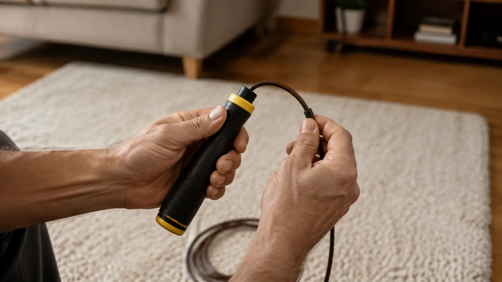 Hands adjusting the length of a jump rope against a living room rug, showing how to tie a knot near the handle for proper fit