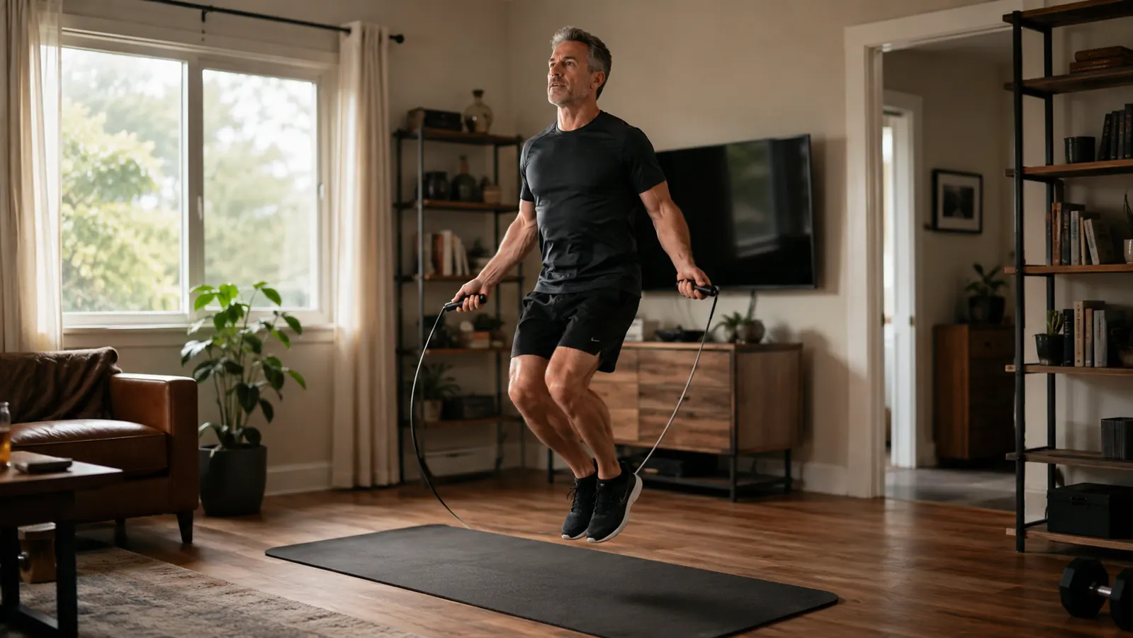 A person jumping rope on a thick exercise mat in a home living room, soft natural light, showing proper form with elbows close to the body