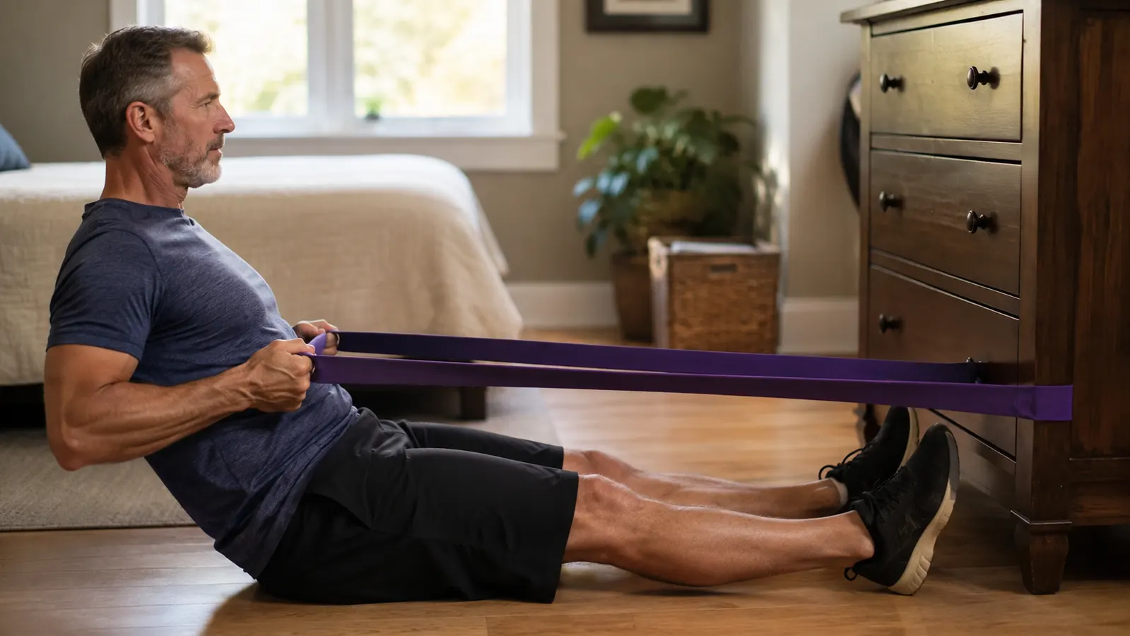 A man seated on a floor pulling a fabric resistance band toward his stomach, the other end anchored around a heavy wooden dresser leg, wearing a plain t-shirt and shorts