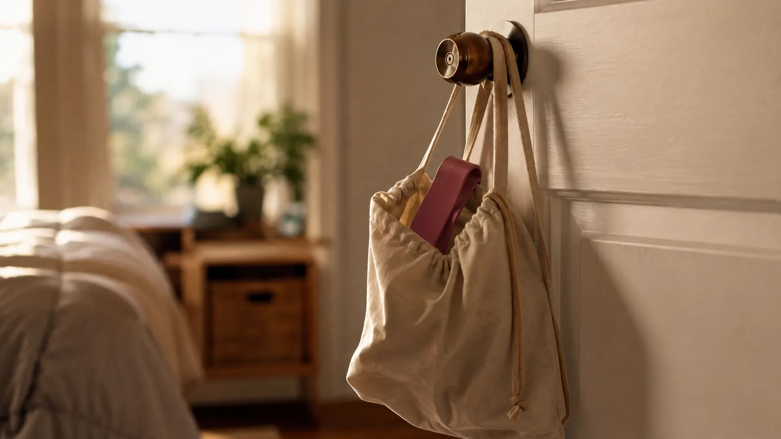 Close-up of a fabric resistance band hanging from a bedroom doorknob inside a small drawstring carry bag, warm afternoon light