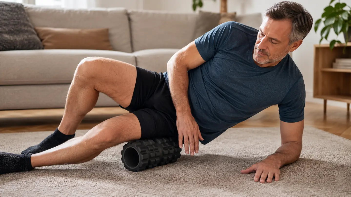 A person lying on their side on a foam roller placed under the outer thigh, using their arms on the floor for support