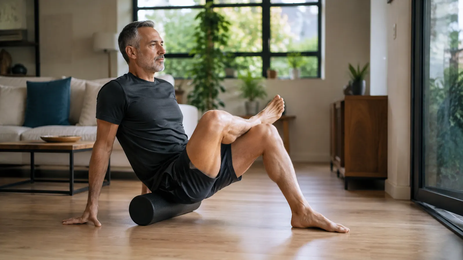 A person in a figure-four stretch position sitting on a foam roller under their glute, one ankle crossed over the opposite knee