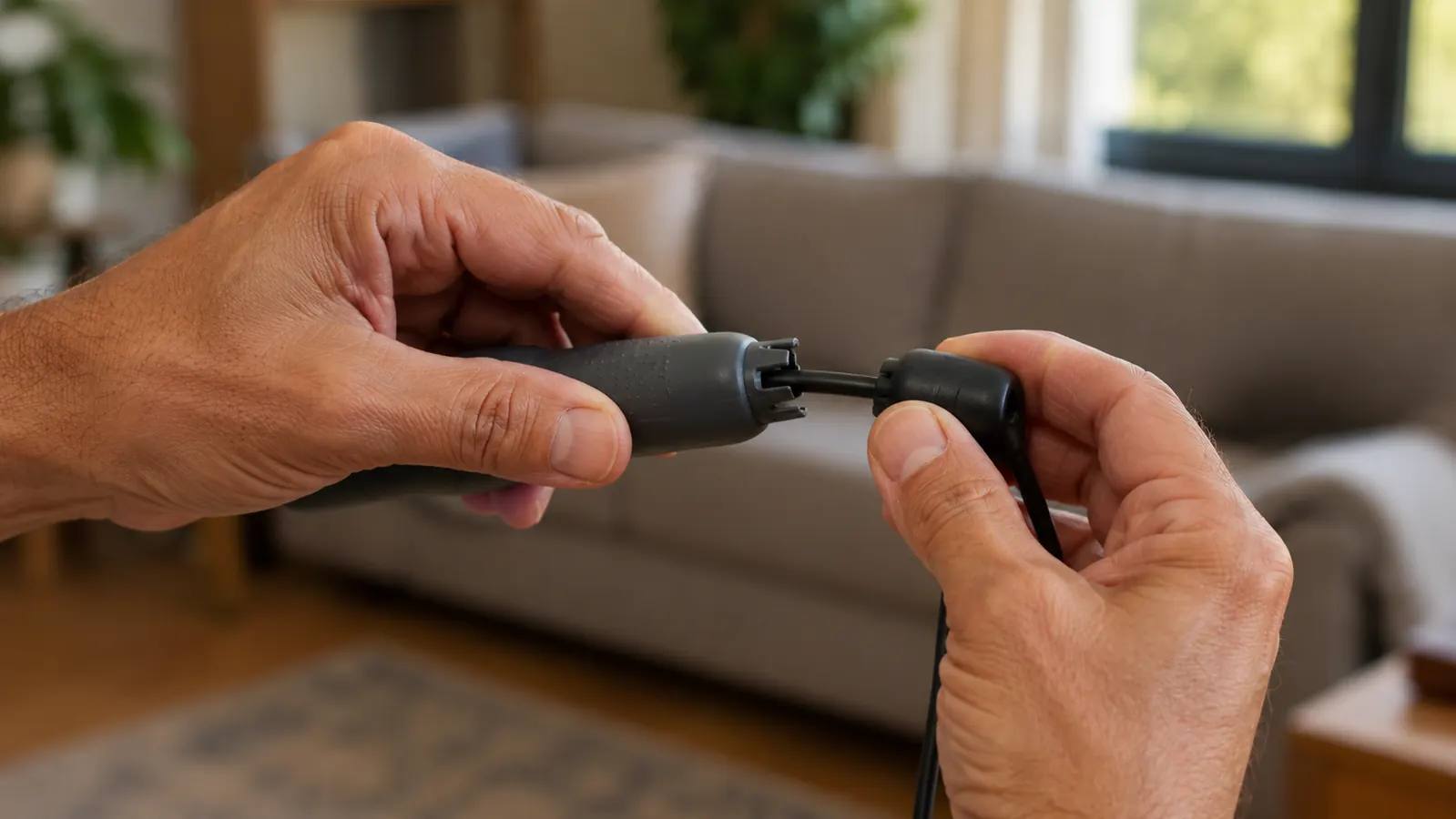 Hands adjusting the length of a jump rope near a couch in a home living room