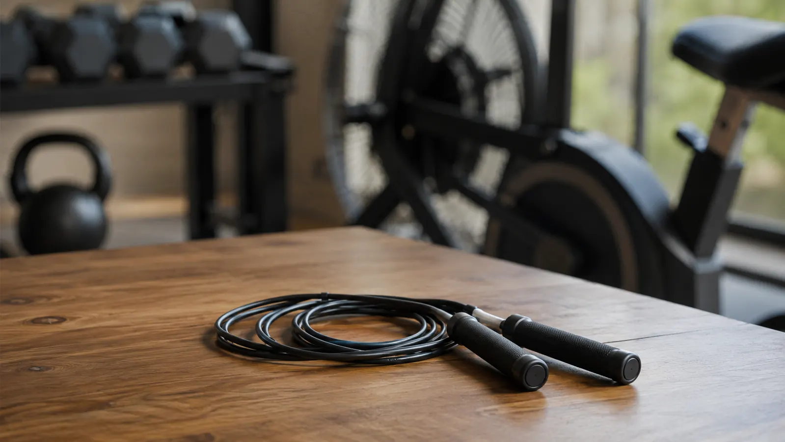 Jump rope coiled on a wooden table, its adjustable length on display