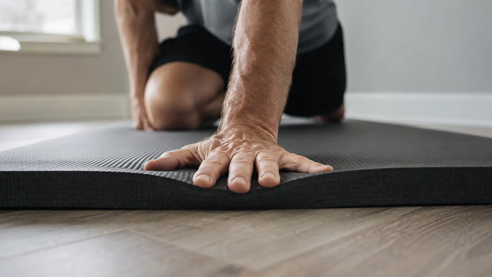 A hand pressing into a thick foam exercise mat showing how the foam compresses under pressure compared to the uncompressed area