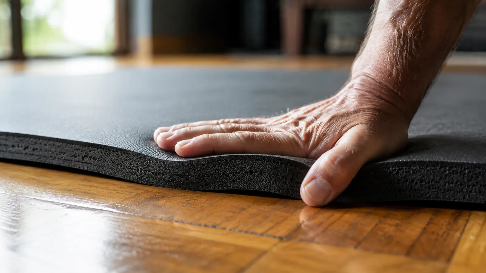 Close up side view of a thick exercise mat on hardwood flooring, a hand pressing into it to show the foam depth and cushioning