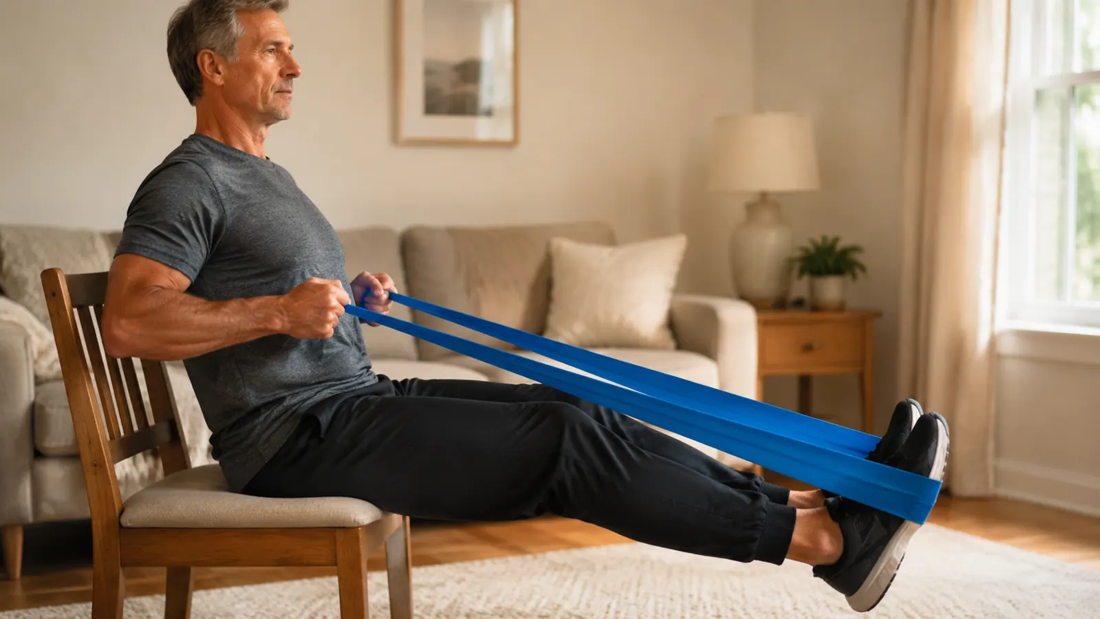 Hands holding a resistance band stretched between both arms while seated on a chair at home, demonstrating a seated row movement