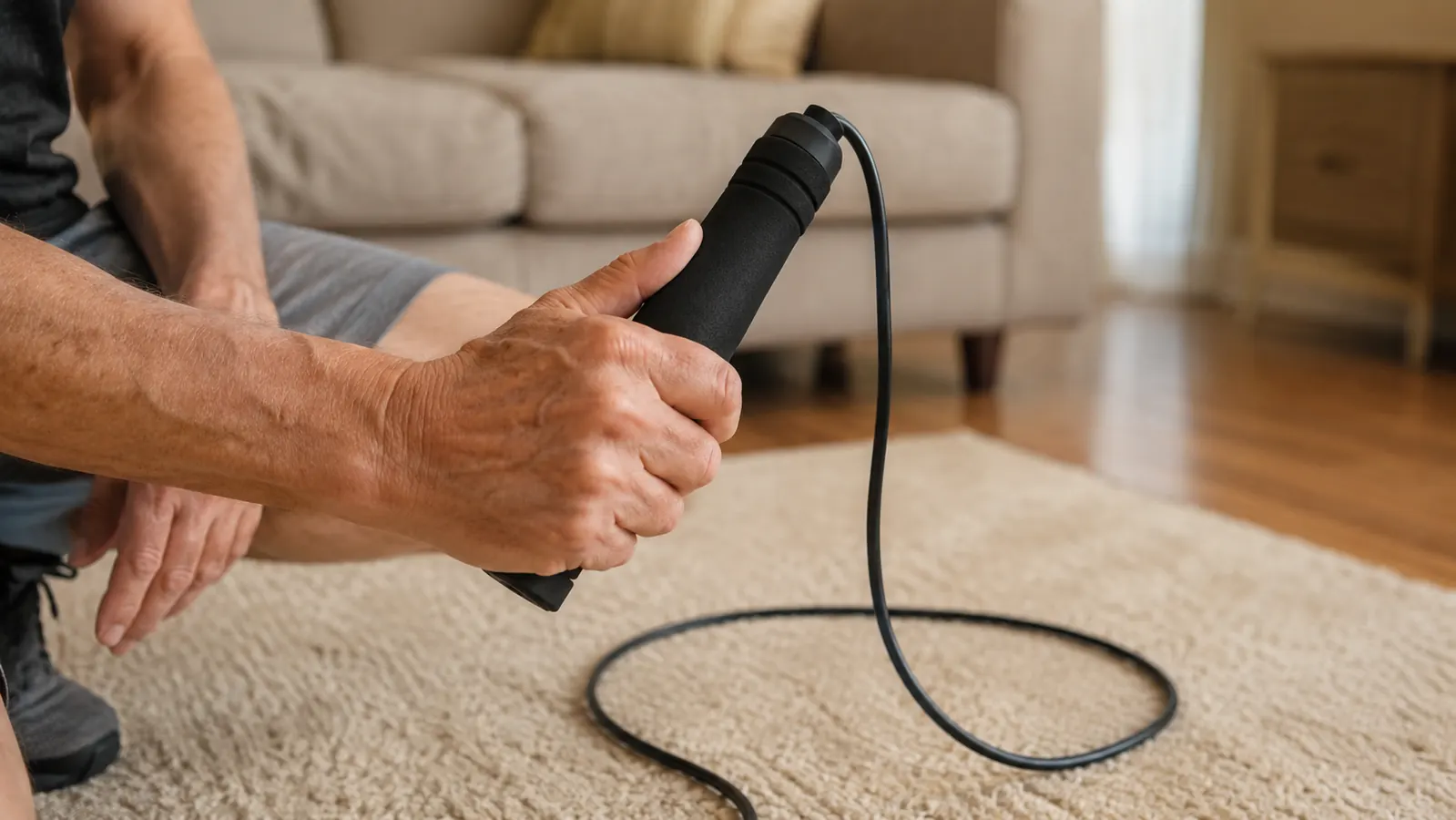 A hand holding a jump rope handle on a living room rug, the cable coiled loosely on the floor