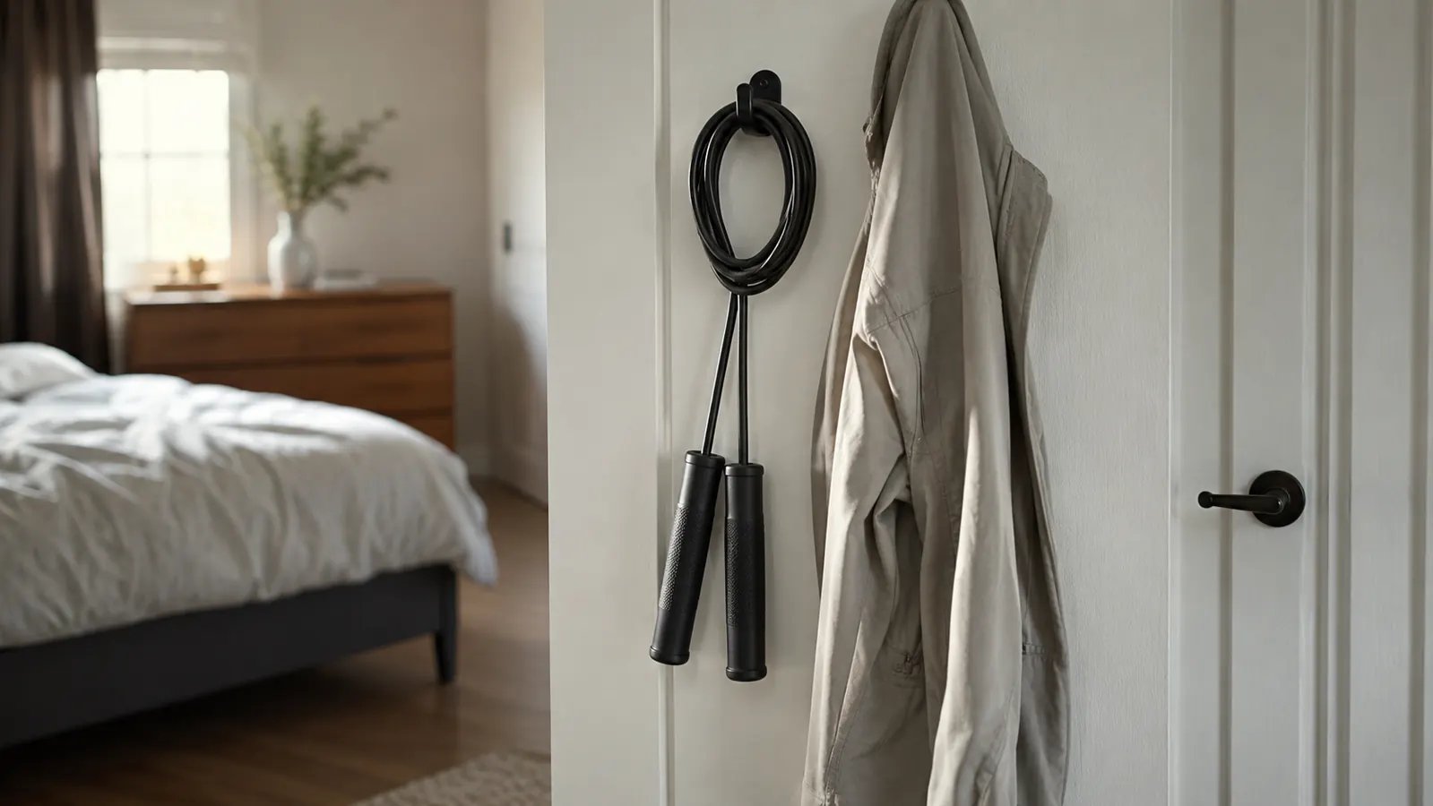 A jump rope hanging from a hook on a bedroom door frame next to a coat, showing how little space it takes to store