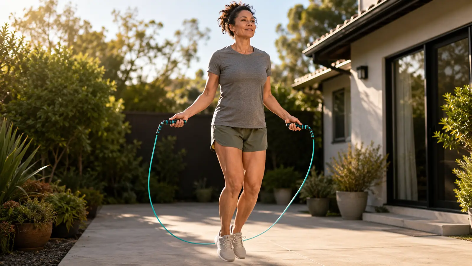 A person jumping rope on a concrete patio behind a house, the rope in mid-swing, casual athletic wear
