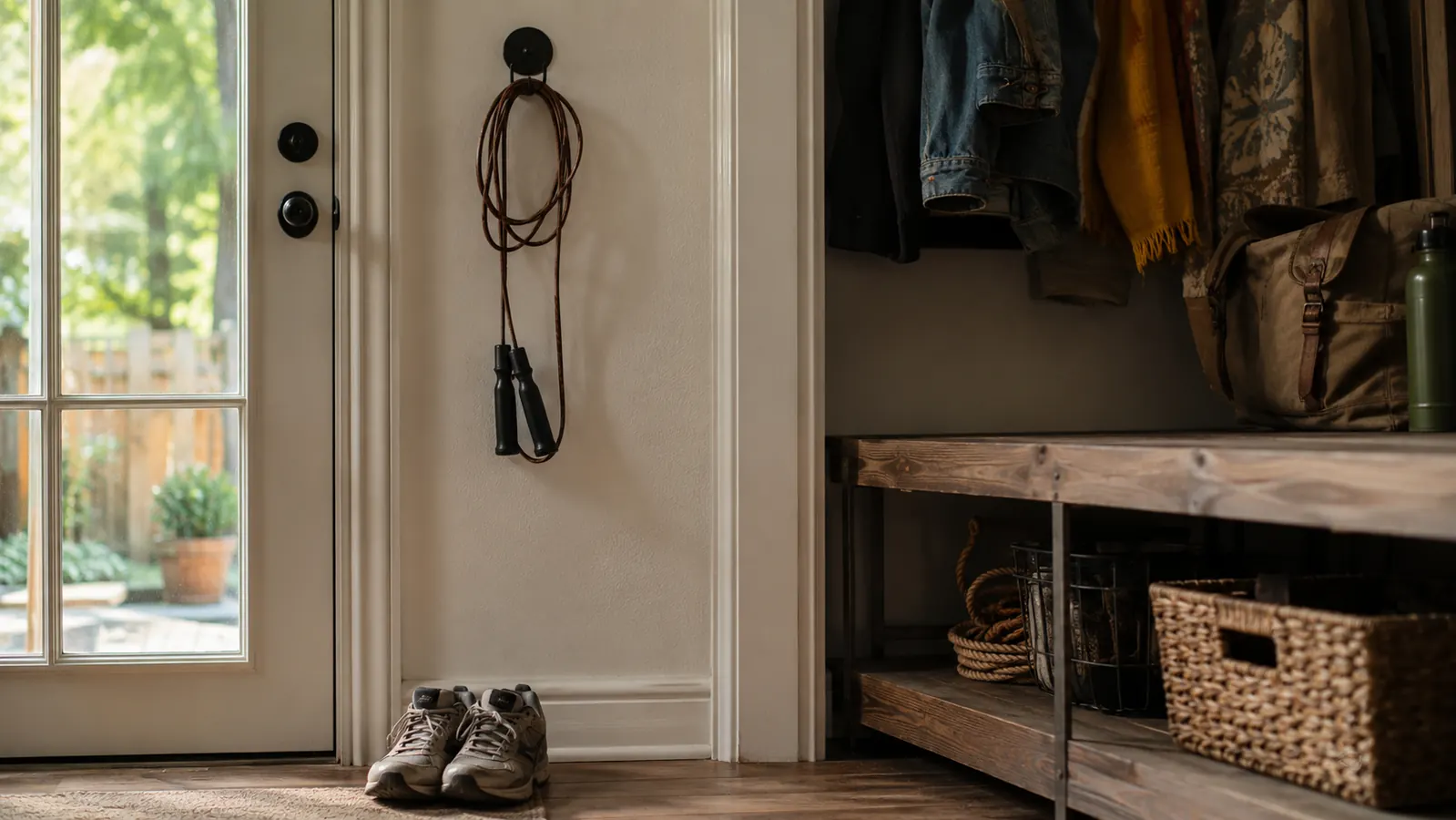 A jump rope hanging on a wall hook by the back door next to a pair of sneakers on the floor