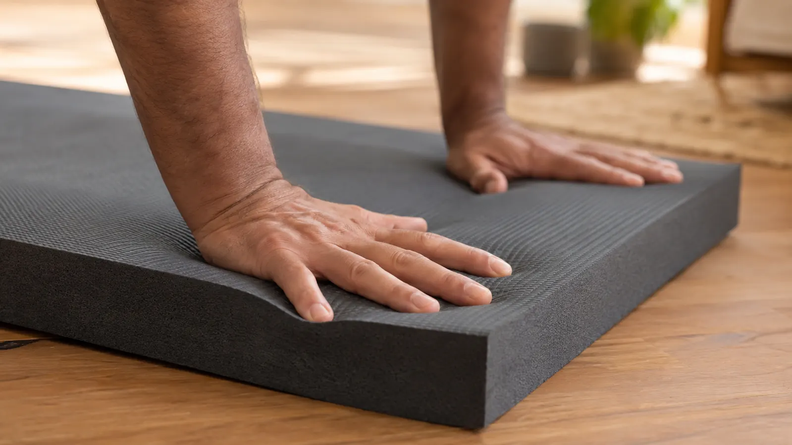 Hand pressing down on a thick exercise mat showing the depth of the cushioning foam
