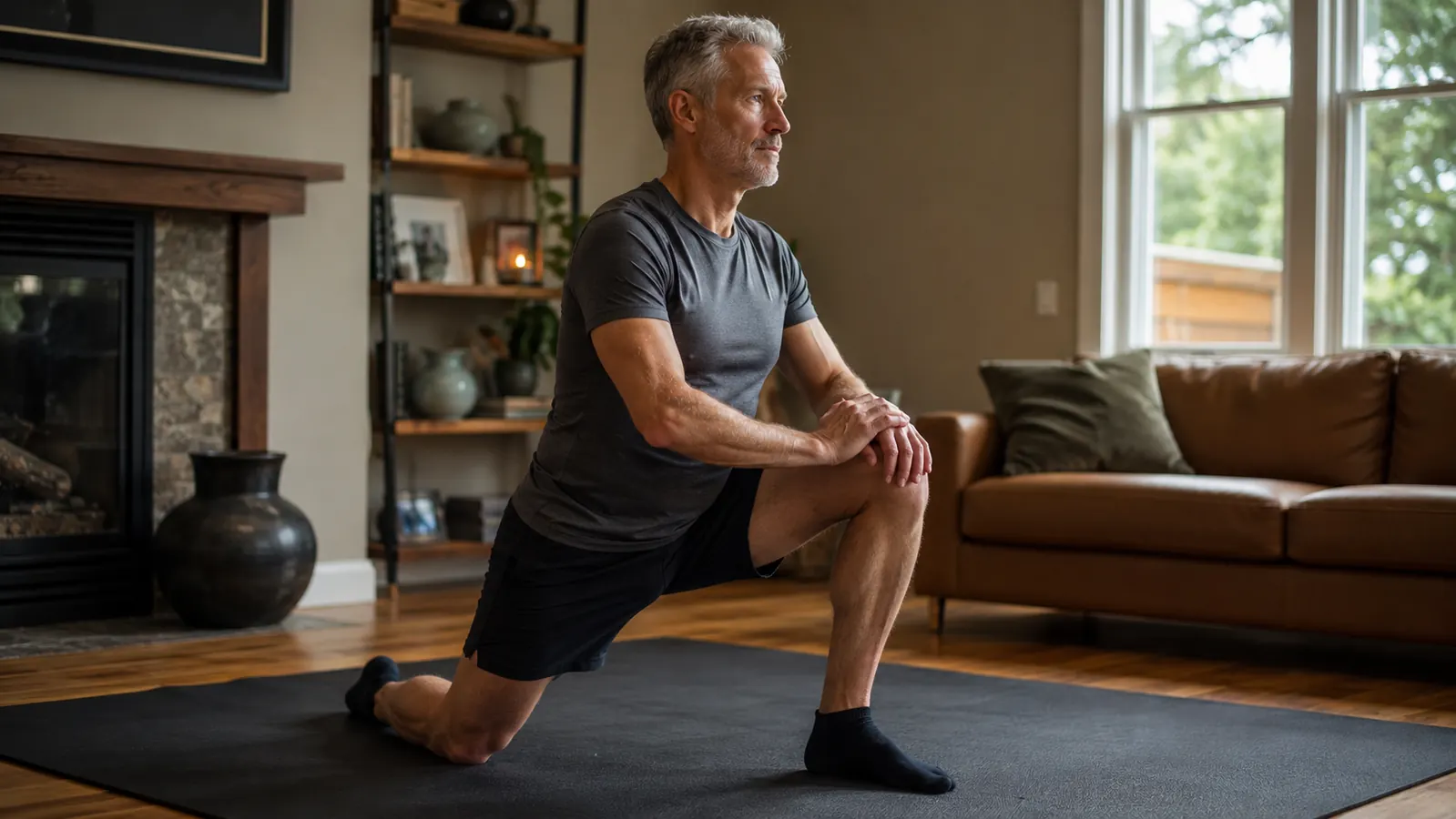 Person doing a kneeling lunge on a thick mat on a hardwood floor, natural light
