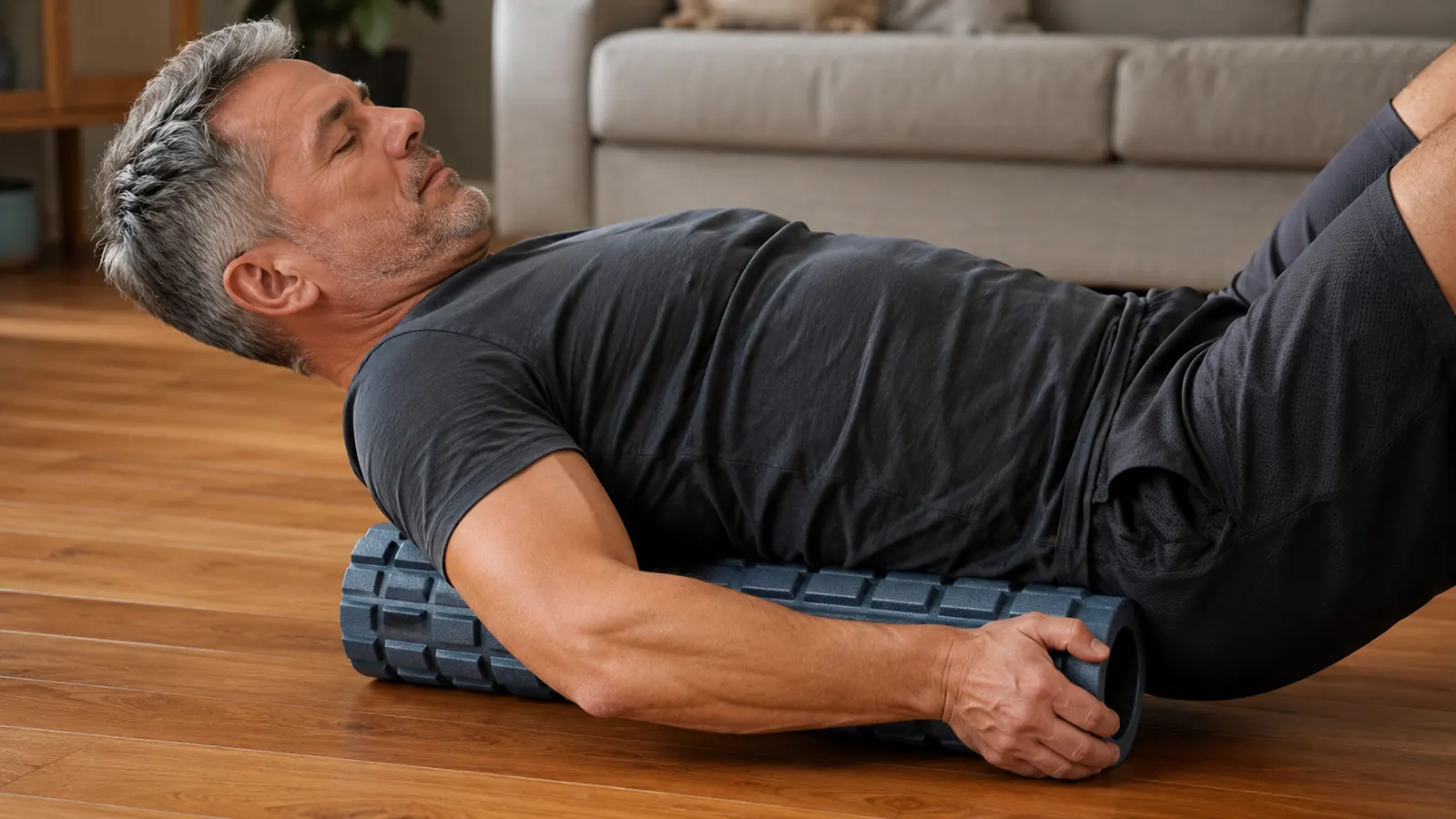 Hands positioning a foam roller on a hardwood floor in a home living room, near a worn sofa