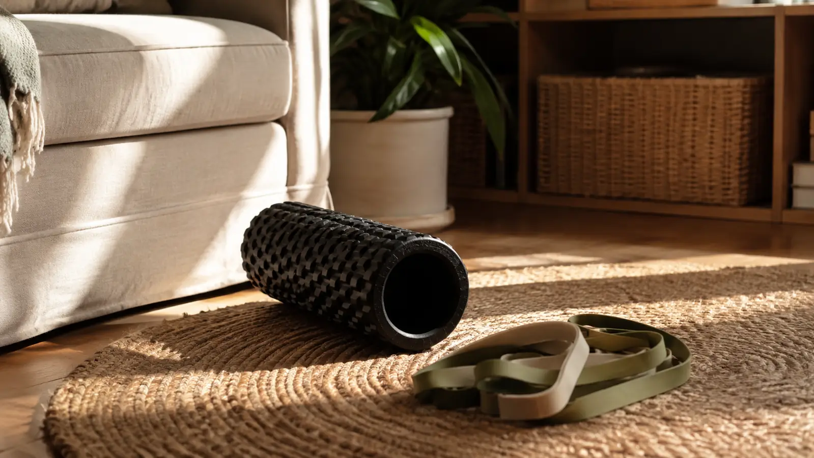 A home exercise setup on a living room floor with a foam roller and resistance bands on a rug