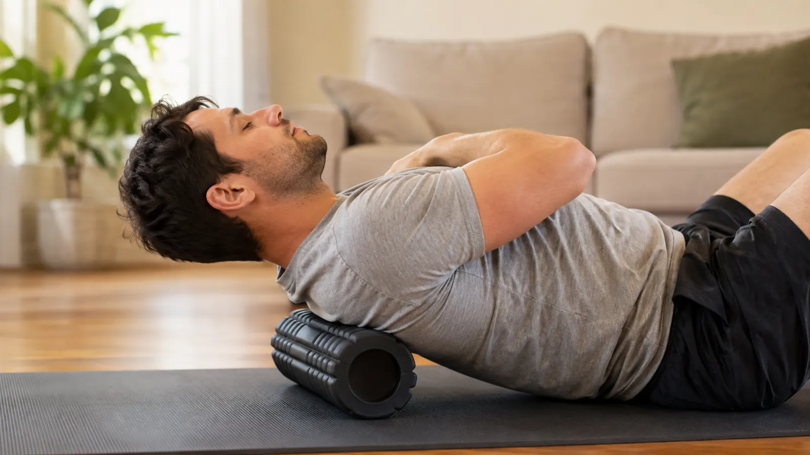 A person using a foam roller on their upper back while lying on an exercise mat in a home living room, wearing a gray t-shirt