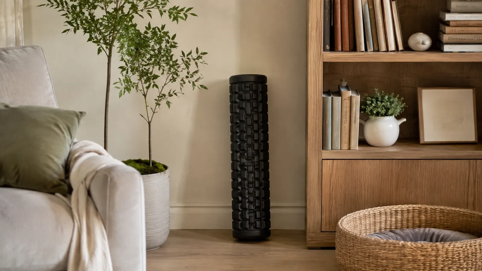 A foam roller propped against a living room wall next to a bookshelf, showing how it stores in a small home