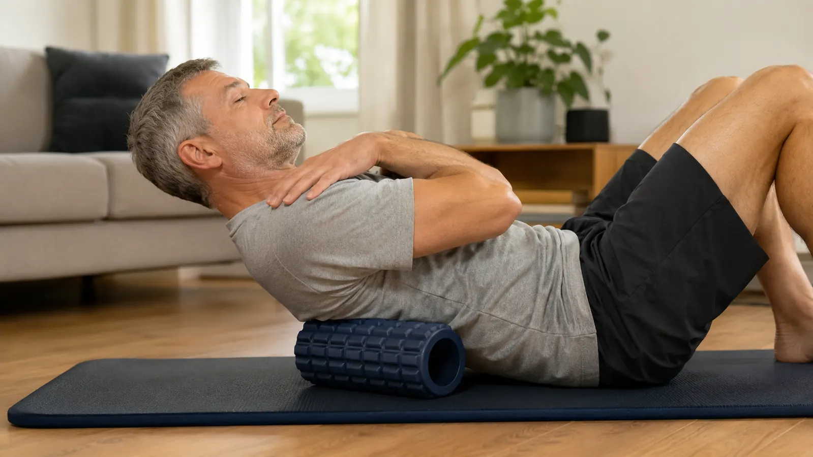 A person lying on their back on a mat using a foam roller placed under their upper back, arms crossed over chest, rolling out shoulder tension in a home living room