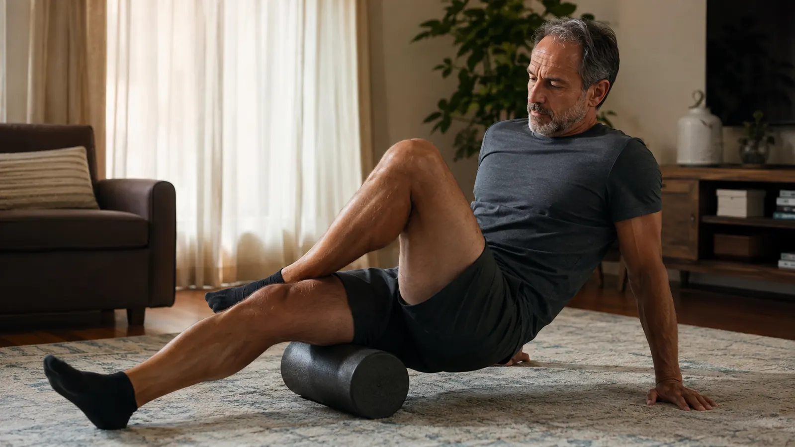 A person sitting on the floor using a foam roller on their quadriceps, one leg crossed over the other, hands on the floor for support, in a cozy home living room with a rug